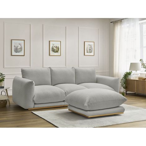 BOBOCHIC - Canapé droit fixe 3 places ERNEST tissu bouclette avec pouf   Gris clair (1/5)