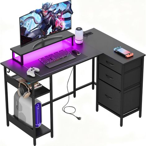 Bureau d’angle L 123 × 80 cm avec 3 tiroirs, port USB et support écran, bureau informatique avec rangement pour home office, noir (1/5)
