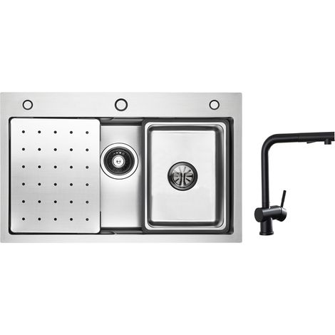 Cecipa Évier 1 Bac 70×45cm avec Egouttoir, Vasque et Distributeur de Savon + Robinet Cuisine avec Douchette Extractible, Mitigeur d'évier Noir (1/5)