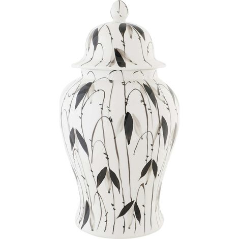 Vase porcelaine élégant motif feuillage chic - Blanc aux motifs de feuilles noires et grises (1/4)