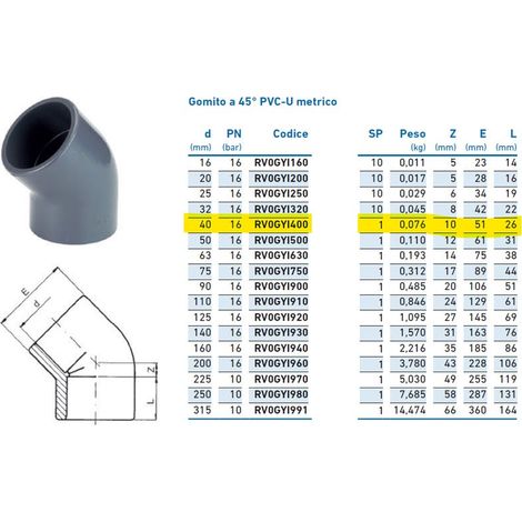 Gomito a 45° PVC-U metrico ø40 PN16 per incollaggio INPFGY140000 - - IRRITEC - -