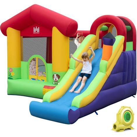 Toboggan gonflable avec Souffleur 680W Maison Saut Long Toboggan Panier de Basket 50 Balles Océanique Intérieur Extérieur (1/2)