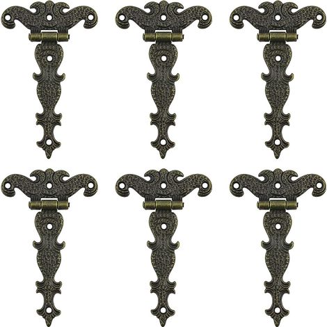Charnières antiques, charnières décoratives rétro en bronze sculpté (6 pièces) pour portes, armoires et boîtes à bijoux
