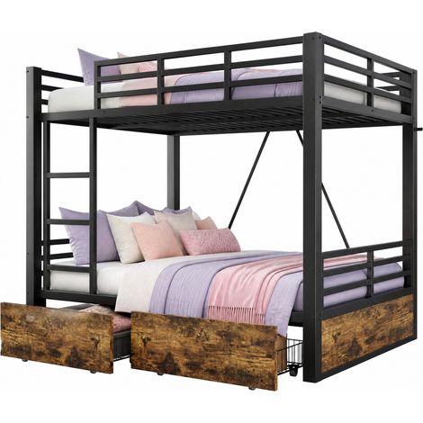 Lit superposé 140x200 cm avec tiroirs, échelle et barrières de sécurité, structure métal noir gain de place pour chambre enfant, ado ou invités  CHICFURN (1/5)
