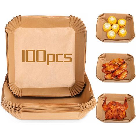 100 Stück Einweg-Pergamentpapiereinlagen für die Luftfritteuse, ölbeständiges Papierfach, Antihaft-Backmatte, quadratisches Zubehör für die Luftfritteuse (1/5)