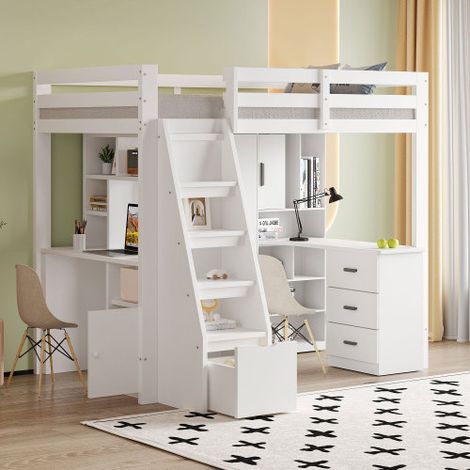 Cama altillo de 90x200 cm, cama infantil con 3 cajones, escalera de seguridad con almacenamiento, banco de trabajo con estantes y armarios, sin colchón, blanco (1/5)
