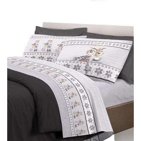 Completo letto Lenzuolo Sotto Con Angoli 100% caldo cotone + Lenzuolo Sopra + Federe Linea Renna Una piazza e mezza - Grigio