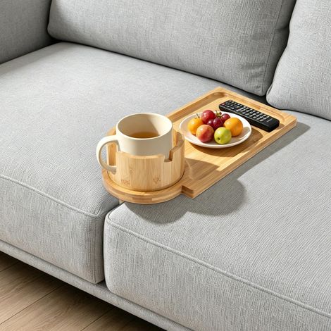 Plateau de Canapé Insert en Bambou pour Siège Milieu, Plateau d'écart du Canapé avec Porte‑gobelet et Support Téléphone à Rotation (1/5)