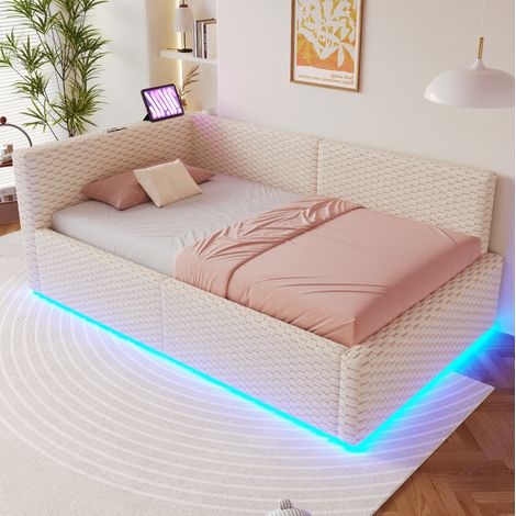 Bett Stauraum 90x200 LED Samt Beige Hydraulisch OKMYHOME (1/5)