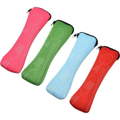 Trousse de couverts 4 pièces, boîte de rangement pour couverts, kit de voyage avec étui à fermeture éclair, porte-couverts argenté, conteneur pour lunch box, couteau et fourchette, accessoires de voya (1/4)
