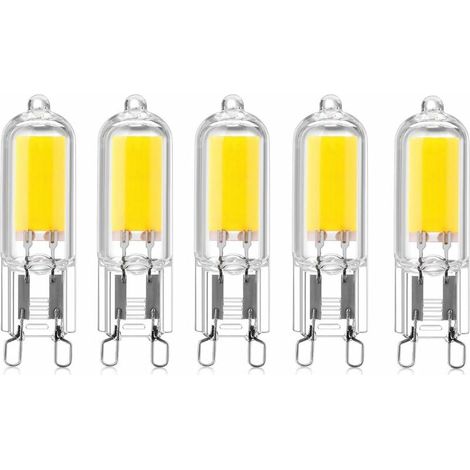 Lot de 5 ampoules LED COB à culot G9 de 2 W, 220 V, 200 lumens, équivalent à une ampoule halogène de 10 à 20 W, pour lustre, lampe de table ou applique murale, blanc chaud 3000 K [Classe énergétique A (1/5)