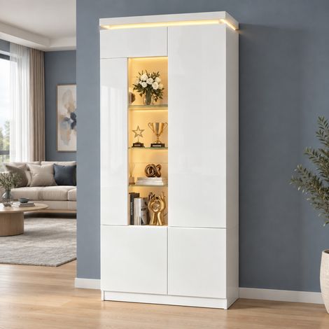Vitrina 80x35x180 cm de MDF blanco con LED Bluetooth y almacenaje para salón – MEUBLIV (1/5)