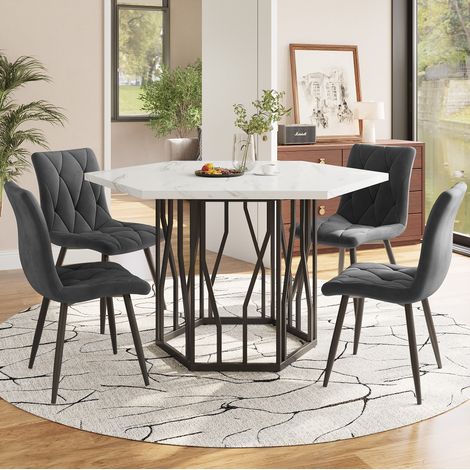 Ensemble de salle à manger 5 pièces en MDF et acier noir/gris, table hexagonale 115,5x100x75 cm avec 4 chaises en velours (1/5)