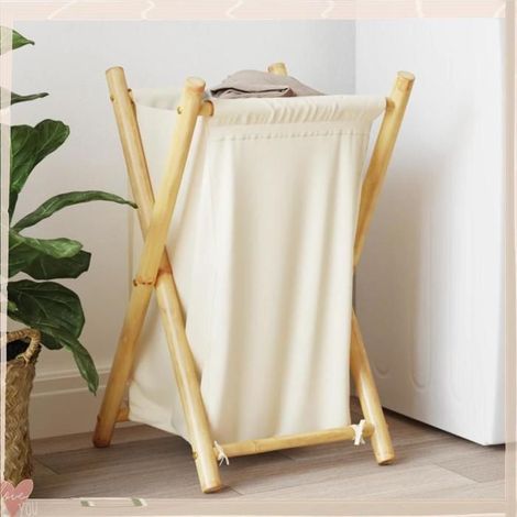 368034 Panier à linge blanc crème 41,5x36x63,5 cm bambou (1/5)