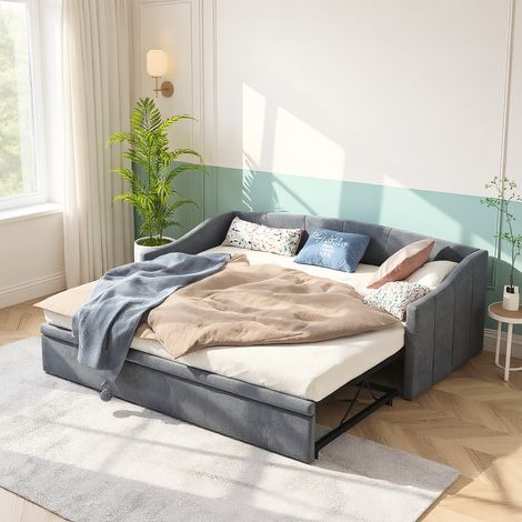 Schlafsofa 90x200 cm, Multifunktionales Ausziehbett, Tagesbett und Sofa in einem mit Lattenrost, Ideal für Gästezimmer, Wohnzimmer und kleine Räume, Velour Grau (Ohne Matratze)