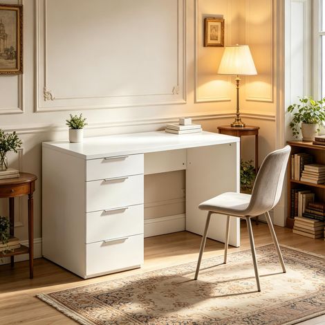 Bureau d'ordinateur laqué brillant avec 4 tiroirs, 110 x 60 cm, bureau moderne avec rangement pour bureau et bureau à domicile (bureau seul) (1/5)