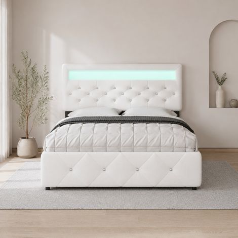 Letto matrimoniale 140x200 cm in tessuto bianco con cassetti per camera, FloraGrace (1/5)
