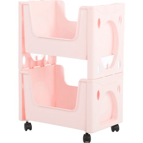 Chariot de rangement mobile grande capacité, épais, avec roulettes verrouillables, pour livres, jouets, flacons d'épices, 2 niveaux, rose (1/5)