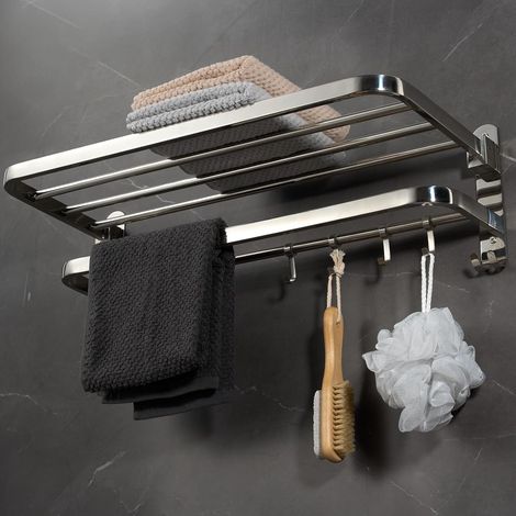 Towel Rack Bathroom Shelf Wall Mounted Foldable with 2 Storage Layers and 4 Hooks (1/4)