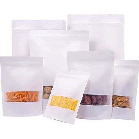 Lot de 50 sachets à fond plat avec fenêtre en papier sachets en papier kraft sacs cadeaux pour noix bonbons grains de café Blanc (1/4)