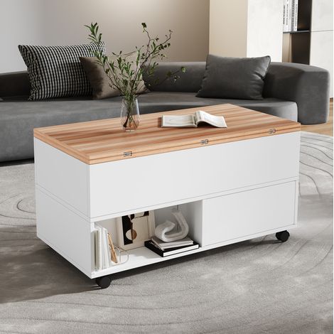 Mesa de centro elevable 100x50x52 cm blanca y madera con almacenaje FloraGrace (1/5)