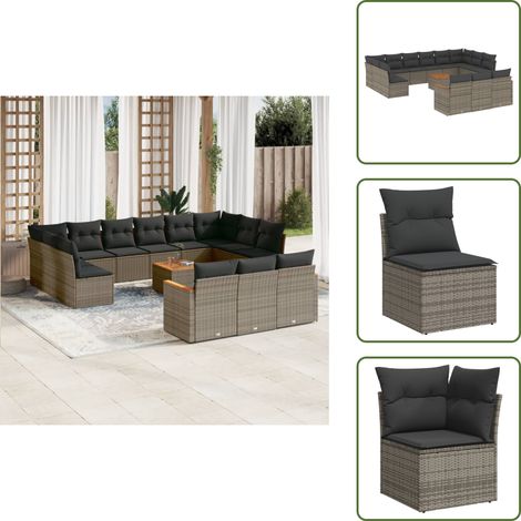 The Living Store Salon de jardin avec coussins 14 pcs gris résine tressée - Ensemble Salon De Jardin - Mobilier Extérieur - Meubles De Jardin - Salon De Jardin Pliable - Set Salon De Jardin (1/5)