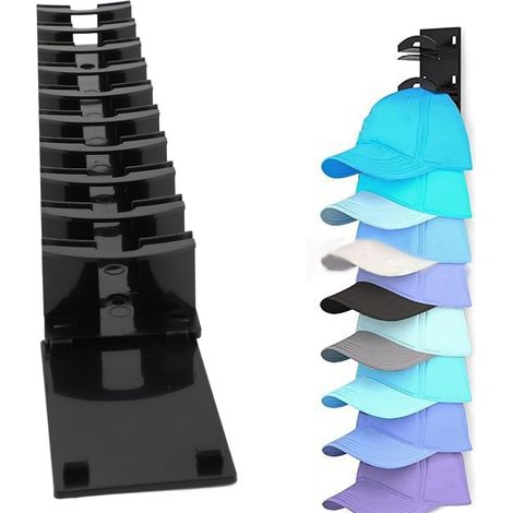 [Wandmontierter Hutständer] [Kappenorganizer] [CapRack Pro] [Robuster Kunststoff] für 10 Kappen, Klebe- oder Schraubbefestigung, Abmessungen 35,5 x 6 x 3,8 cm, inklusive Zubehör und Schrauben. (1/5)