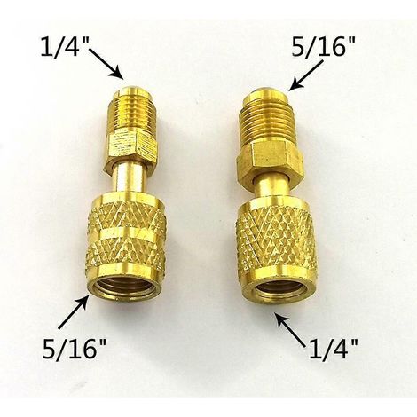 Adaptateur R410a : raccords rapides 5/16 SAE F vers raccord évasé 1/4 SAE M raccord 5/16 SAE M vers raccord 1/4 SAEe. Contenu : 1 raccord femelle 5/16" SAE mâle 1/4". (1/5)