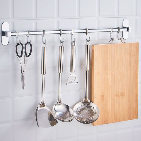 JSSEVN-Kitchen Porte Ustensiles Adhésif Noir - Barre 60cm Avec 8 Crochets - Organiseur pour Cuisine, Salle de Bains ou Garage (Argent) (1/4)
