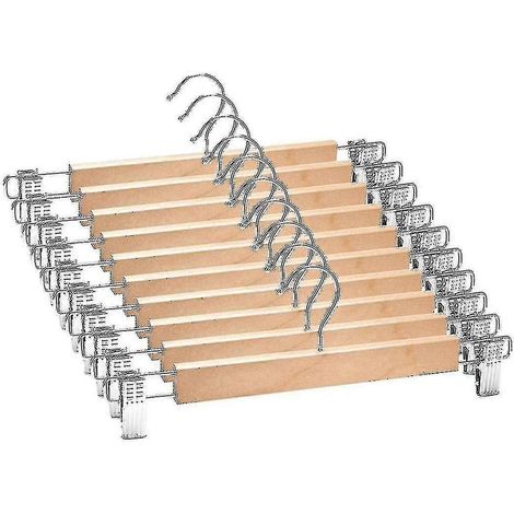 Lot de 10 cintres en bois avec pinces réglables, antidérapants, finition naturelle, bois de lotus.