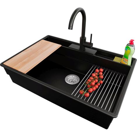 PRIMAGRAN Evier Cuisine en Granit 78x53cm,Lavabo 1 bac + Robinet 32x20cm + Kit de Vidage + Accessoires, Évier à Encastrer au meuble 80cm - New York, Noir