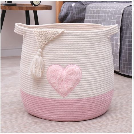 Cesta grande redonda de cuerda de algodón tejida  con asas, 45 x 43 cm, rosa, para juguetes o ropa de niños.