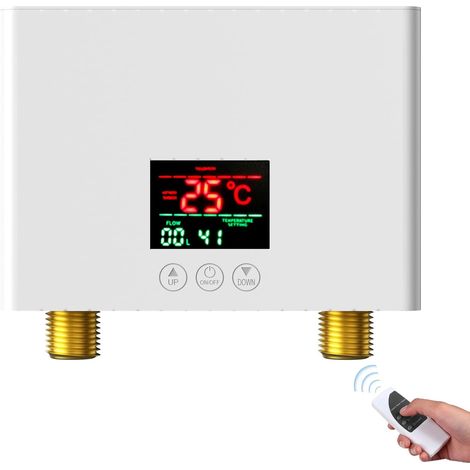 Calentador de agua eléctrico instantáneo, 5500 vatios, 220 voltios, con pantalla digital y control remoto, color blanco. (1/5)