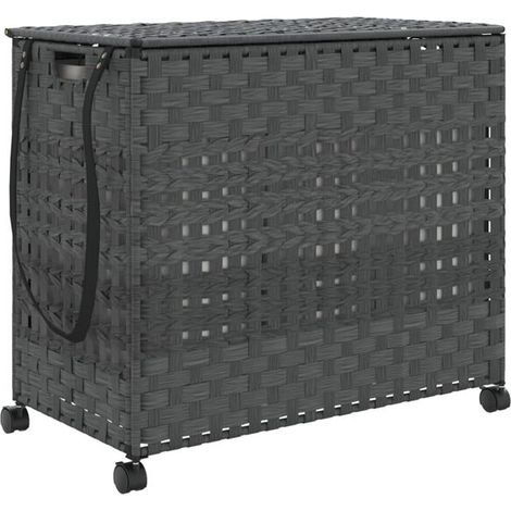 Panier à linge gris à roulettes, dimensions 66x35x60 cm, en résine tressée. (1/5)