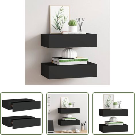 Étagère avec tiroir - Étagères à tiroirs murales 2 pcs noir 40x23,5x10 cm MDF (1/5)