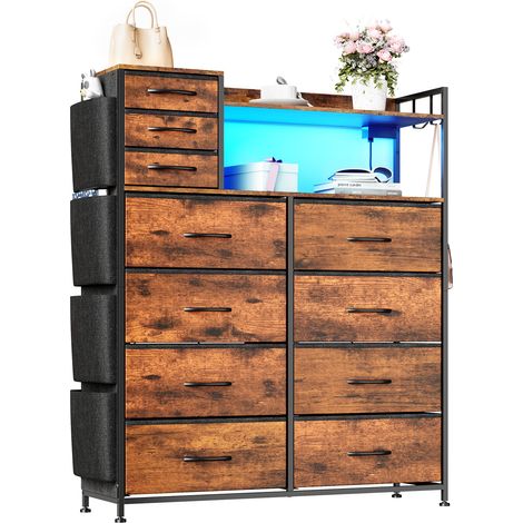 Commode à 11 Tiroirs, Éclairage LED, Prises USB & USB-C, 4 Poches Latérales, Crochets, Commode de Chambre, Métal & Bois, Marron