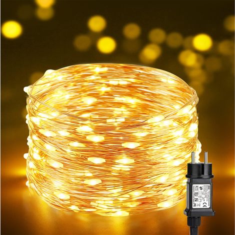 Guirlande Lumineuse Noël Extérieur, 10M 100 LED Fil de Cuivre Guirlandes Lumineuses Électrique Blanc Chaud Étanche 8 Modes Décoration pour Arbre Mariage Intérieur Fête Maison Jardin Patio