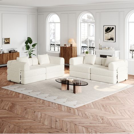 Sofá cama modular 2 en 1 beige en chenilla con almacenaje en reposabrazos (1/5)