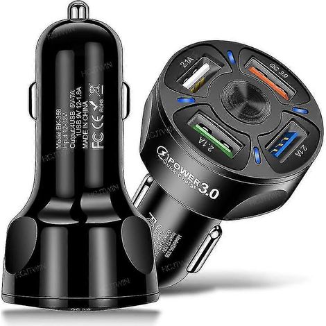 Adaptateur chargeur de voiture, chargeur rapide USB à 4 ports QC3.0, chargeur rapide pour téléphone de voiture avec affichage LED (noir) (1/5)