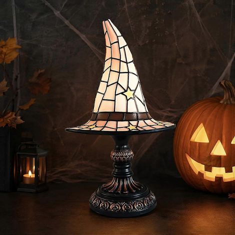 Lampe chapeau de sorcière vitrail lampe d'appoint gothique résine Halloween veilleuse USB décoration vintage blanche (1/5)