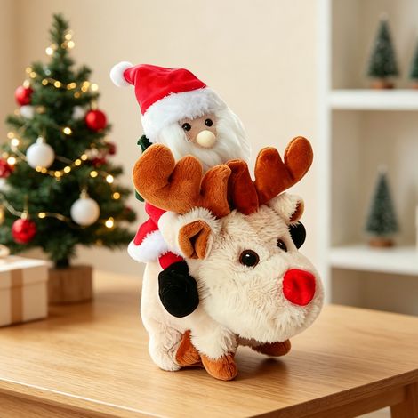 Babbo Natale Animato su Renna Grigia – Peluche Musicale con Movimento Realistico e Suoni Natalizi – Design Elegante in Peluche Morbido – Ideale per Decorazioni Interne Casa e Ufficio (1/4)