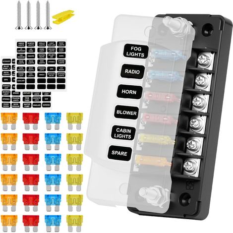 Porte Fusible 12v, 6 Voies Fusible Voiture, Blocs Fusibles Lame ATC/ATO, Boîte à Fusibles, avec Indicateur de Bus Négatif pour Voiture, Bateau, Fourgonnette, SUV (1/5)