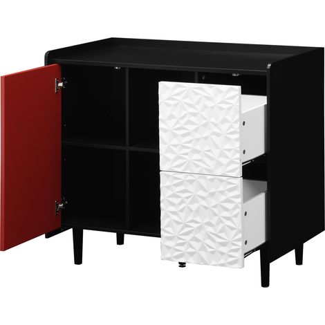 Buffet de rangement noir avec portes rouges, 2 tiroirs et 2 compartiments ouverts, meuble moderne pour cuisine et salle à manger (1/5)