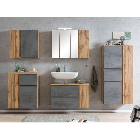 Badezimmer Set in Wotan Eiche Nb. mit Beton Optik, inkl. LED Beleuchtung, stehend oder hängend, VASTO-03-CONCRETE, B/H/T ca. 245/200/35 cm (1/5)