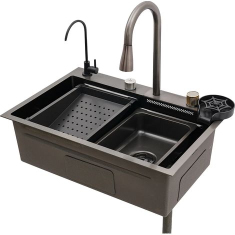 Lavello a cascata volante, lavello a cascata, lavello da cucina di lusso, lavello da cucina di lusso, lavello a cascata, lavabo, tazza di scarico 3 in 1, lavello integrato con rubinetto rimovibile (68