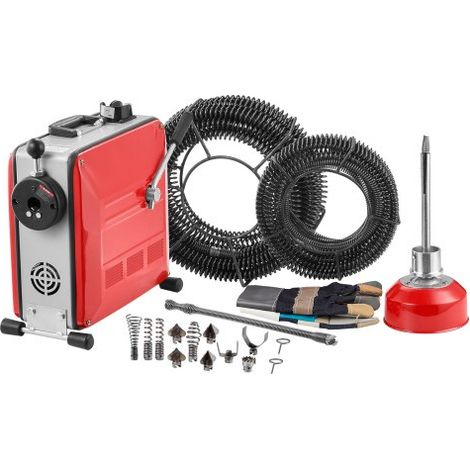 Furet Déboucheur Canalisations Électrique, 850 W, avec Câble à Ressort Acier 14,5 m x 16 mm, 14 m x 22 mm, 5 m x 9,5 mm, 0,4 m x 12 mm, 11 Coupeurs, pour Débouchage Tuyaux 50-200 mm de Diamètre (1/3)