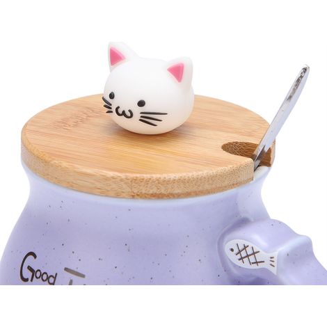 tasse en céramique avec motif chat mignon, cuillère et couvercle, idéale pour le café, l'eau ou le lait (violet) (1/5)