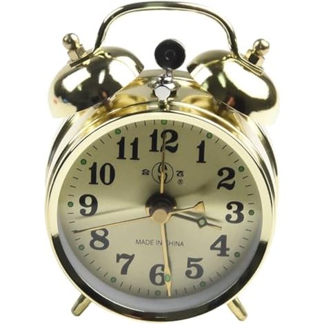 Réveil en métal en forme de fer à cheval, horloge mécanique rétro classique en métal doré avec cloche, décoration élégante pour la chambre (7 cm de diamètre) (1/5)
