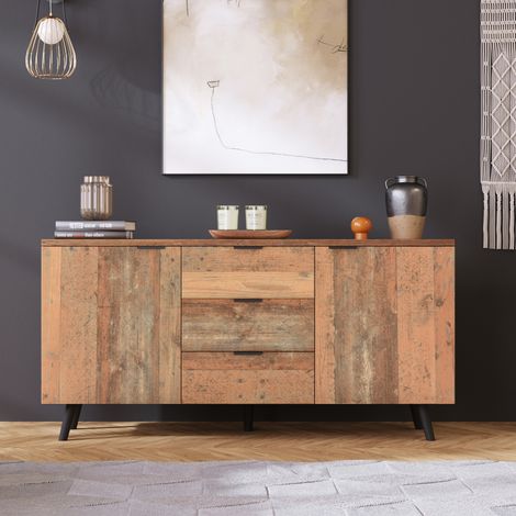 Buffet TV 140x35x70 cm brun antique en panneaux de particules avec 3 tiroirs et étagères réglables (1/5)