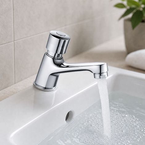 Robinet temporisé à bouton-poussoir eau froide en laiton massif B2, mitigeur mural pour lavabo sanitaire public, chromée anti-corrosion avec aérateur (1/5)
